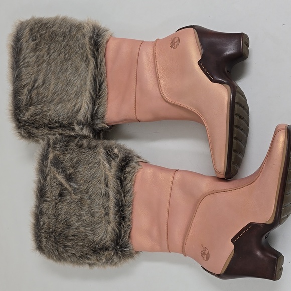 Timberland Iridescent Peach Leather Faux Fur Trim Wedge Winter Snow Boots - Picture 10 of 10